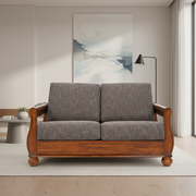 फ़ैब्रिक अपहोल्स्ट्री और प्राकृतिक लकड़ी की पॉलिश के साथ 2 सीटर लकड़ी का सोफा - सुरुचिपूर्ण और कॉम्पैक्ट डिज़ाइन - ग्रे