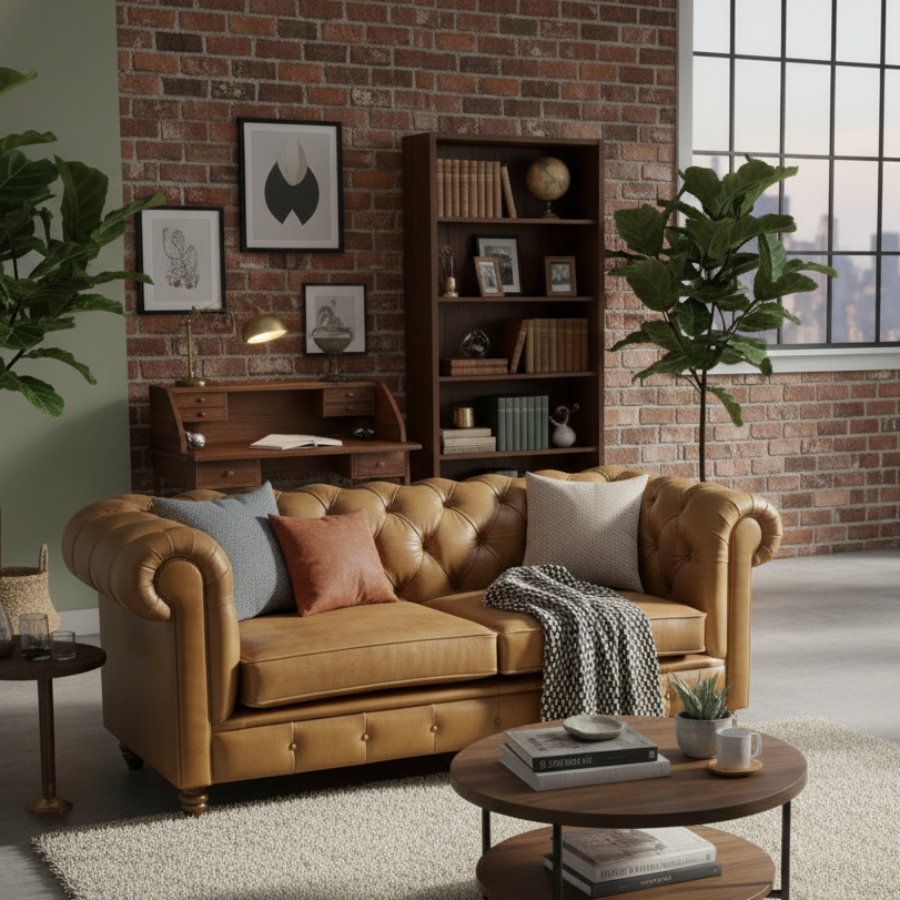 लिविंग रूम और ड्राइंग रूम के लिए आधुनिक, आरामदायक, टिकाऊ, टफ्टेड बैक डिज़ाइन वाला बड़ा चेस्टरफील्ड 3 सीटर सोफा