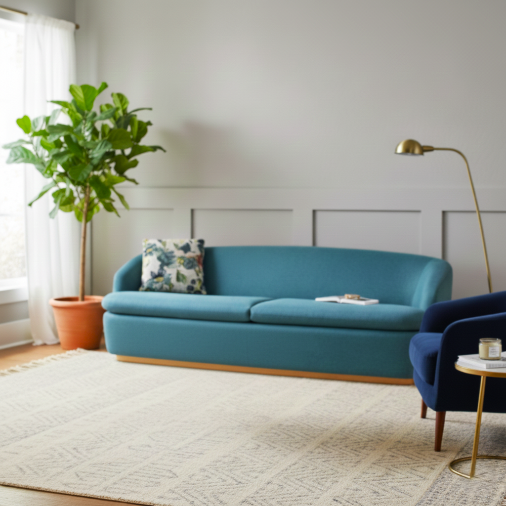 Modern living room with a blue sofa, armchair, and decorative elements.