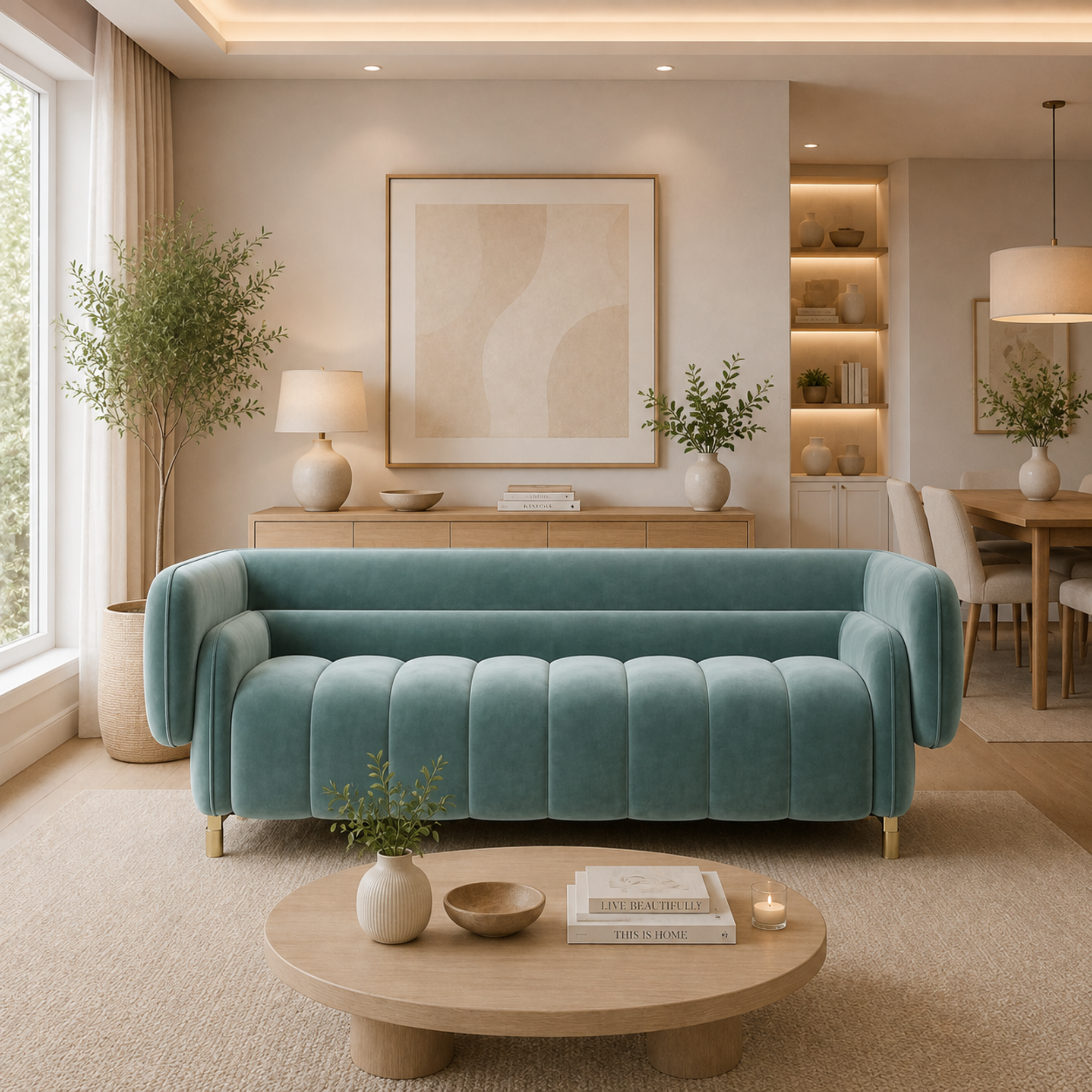 3-Seater Sofa Luxurious Blend Of Modern Design And Supreme Comfort, Featuring Elegant Channel Tufting And A Captivating Teal Hue For Sophisticated Living
