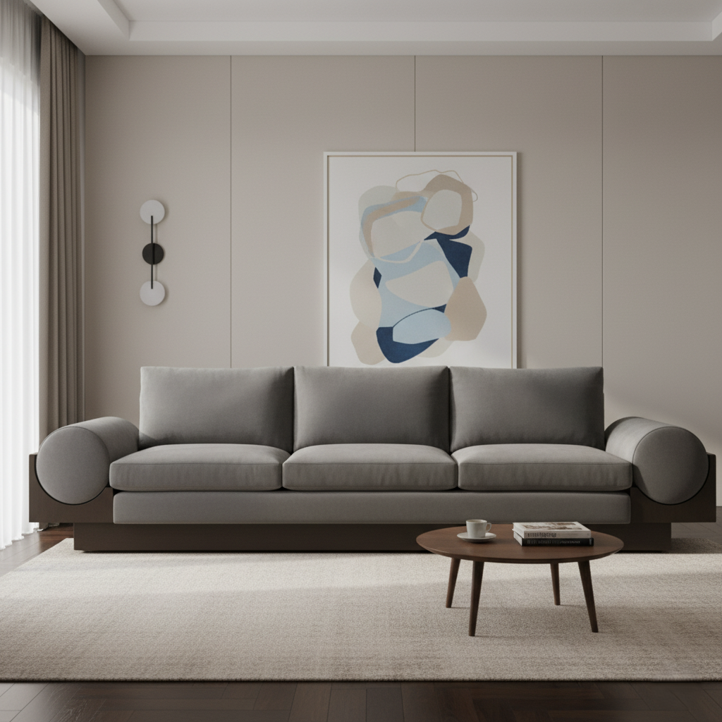 বিলাসবহুল এবং টেকসই বসার বিকল্পের জন্য শীর্ষ-গ্রেড কাঠের সাথে সূক্ষ্ম সোয়েড ফ্যাব্রিক দিয়ে সজ্জিত বাড়ির জন্য আধুনিক 3 আসনের সোফা