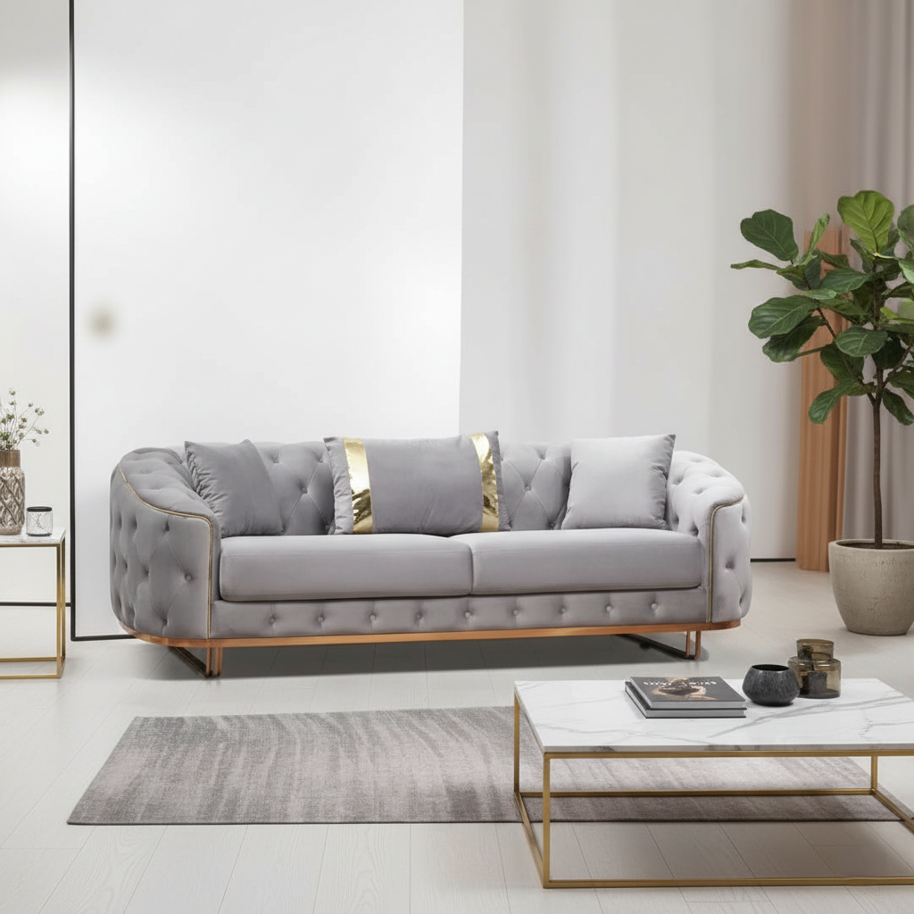 ঘরের আসবাবপত্রের জন্য ৩-সিটের সোফা, স্যুয়েড ফ্যাব্রিক এবং সেরা মানের ফ্যাব্রিক এবং শীর্ষ মানের কাঠ এবং আধুনিক এবং বিলাসবহুল