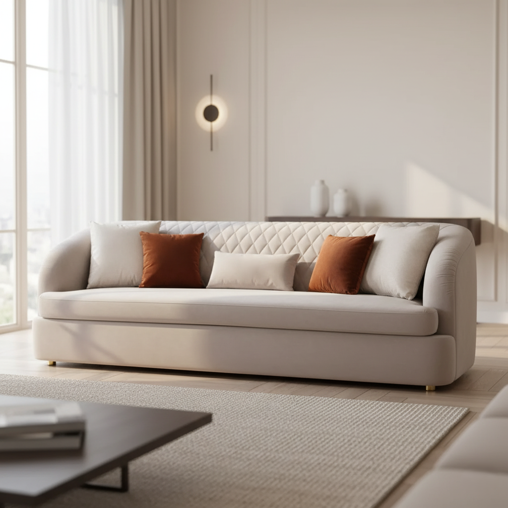 घर के लिए 3-सीटर प्रीमियम सोफा, आराम और आधुनिक डिज़ाइन के लिए मखमली असबाब और दृढ़ लकड़ी की संरचना
