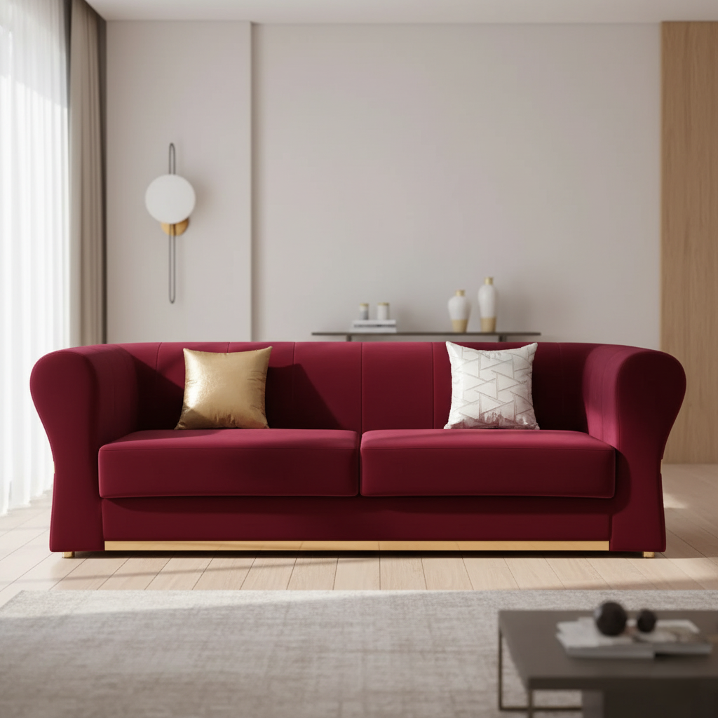 घर के लिए 3-सीटर सोफा, शानदार मखमली कपड़े और टिकाऊ हार्डवुड फ्रेम से बना है, जो बेहतरीन आराम और समकालीन शैली प्रदान करता है