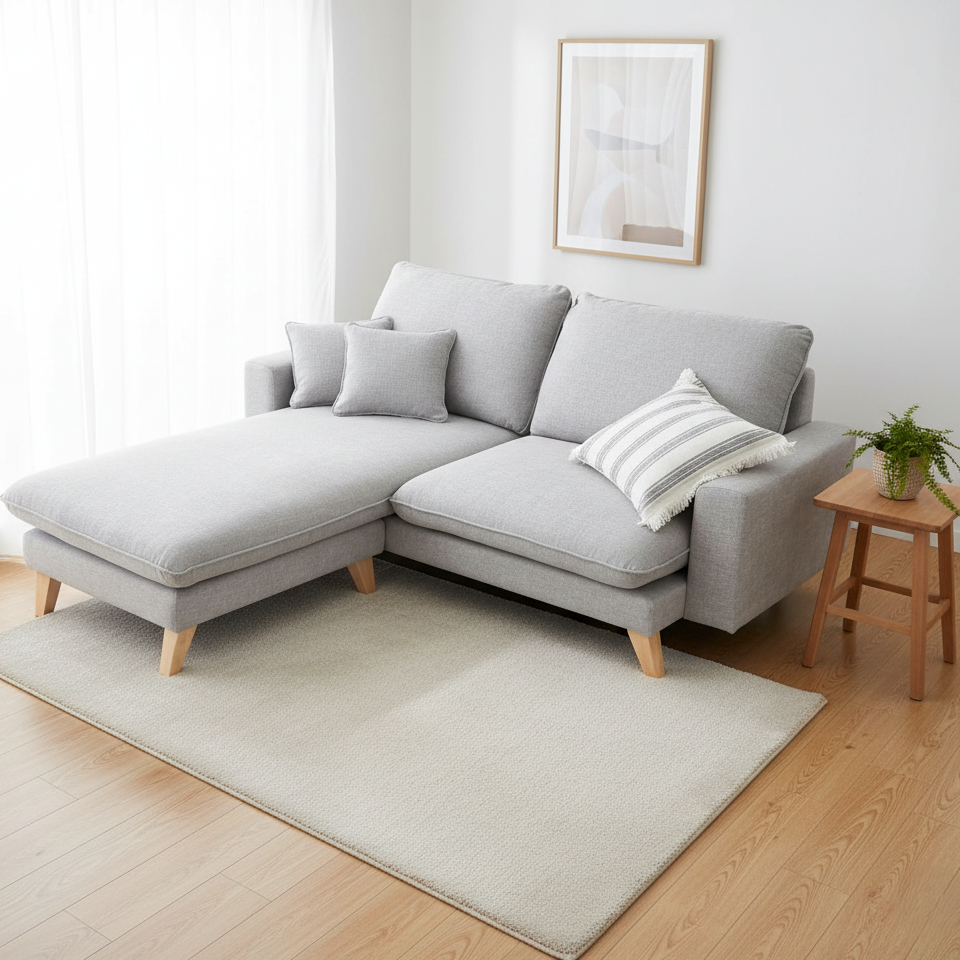 घर के फर्नीचर के लिए एल आकार का सोफा, आधुनिक और अनोखा डिज़ाइन और सागौन की लकड़ी के पैरों के साथ लकड़ी का फ्रेम