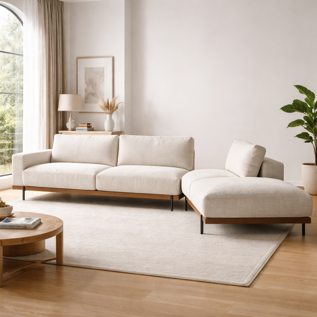 L-Shape Sofa For Home Furniture Upholstery Suede Fabric and Best Quality Fabric and A-Class Quality Wood and Modern and Elegance