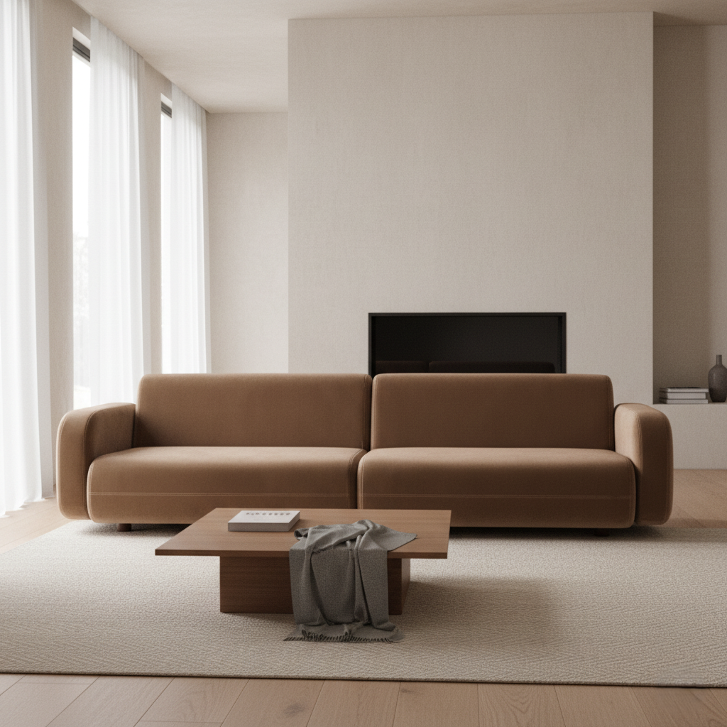 ৩ আসন বিশিষ্ট সোফা মিনিমালিস্ট লিভিং রুম, বিলাসবহুল ব্রাউন সোয়েড সোফা এবং ভাস্কর্যের সাজসজ্জা সহ