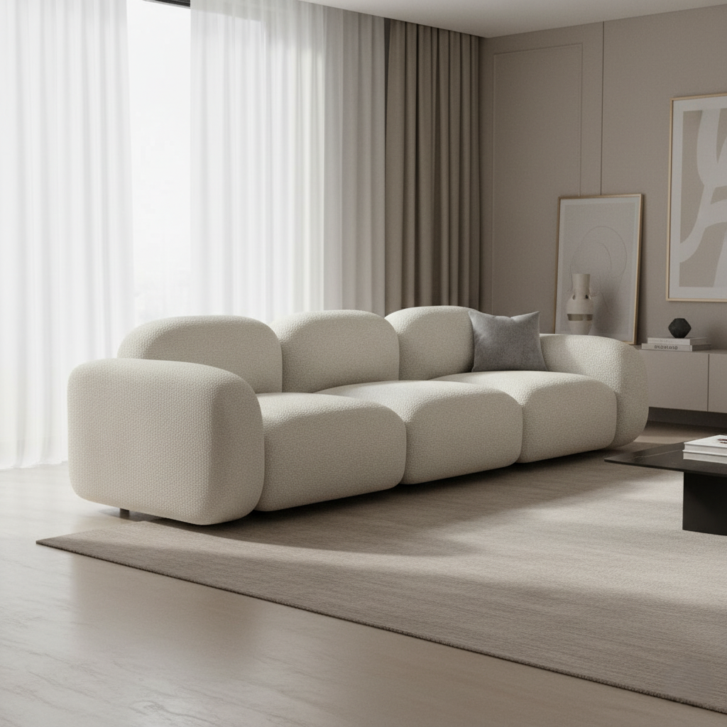 বাউকল ফ্যাব্রিক দিয়ে সজ্জিত আধুনিক ৩ আসনের সোফা, যা একটি প্রিমিয়াম এবং টেকসই আসন বিকল্প।