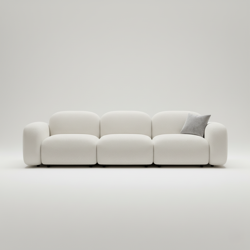 বাউকল ফ্যাব্রিক দিয়ে সজ্জিত আধুনিক ৩ আসনের সোফা, যা একটি প্রিমিয়াম এবং টেকসই আসন বিকল্প।