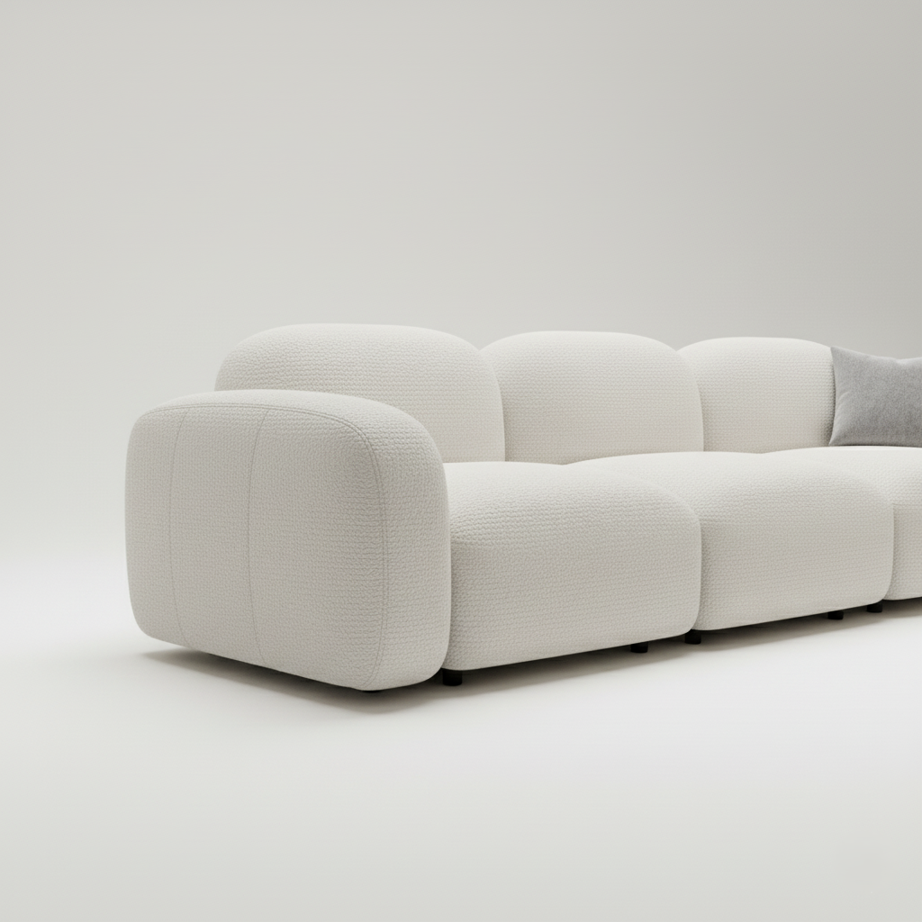 বাউকল ফ্যাব্রিক দিয়ে সজ্জিত আধুনিক ৩ আসনের সোফা, যা একটি প্রিমিয়াম এবং টেকসই আসন বিকল্প।