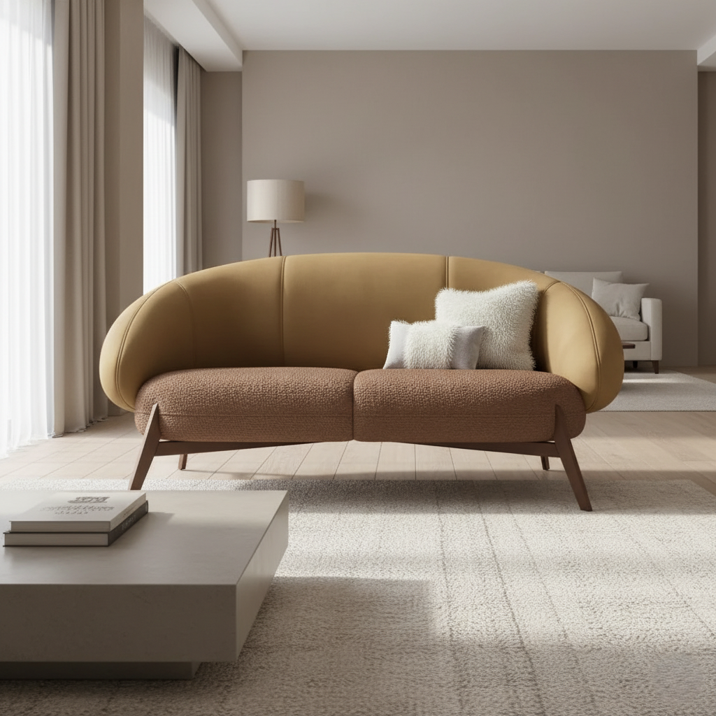 Modern living room with a brown and beige sofa, coffee table, and lamp.