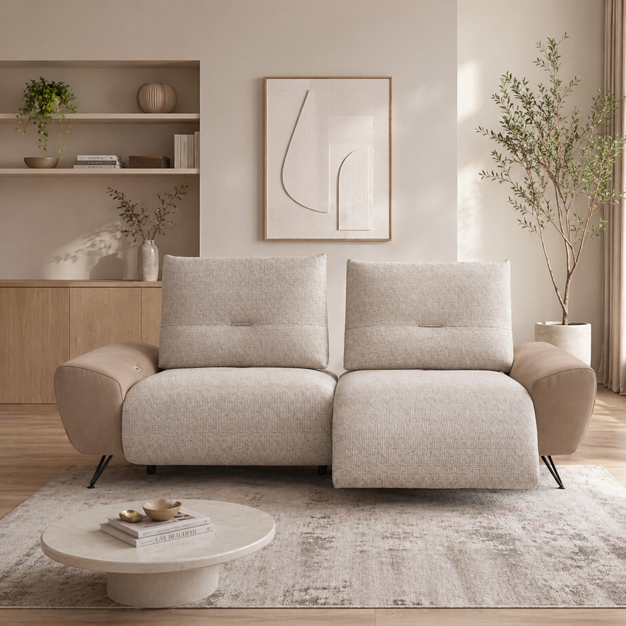 Modern Convertible Sofa Bed with Fabric Upholstery and Leatherette Arms, Space Saving Pull Out Sofa Cum Bed for Living Room and Guest Use