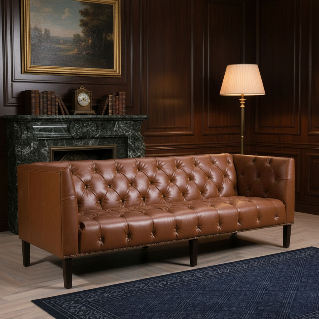 Brown leather sofa in a room with wooden paneling, a fireplace, and a lamp.