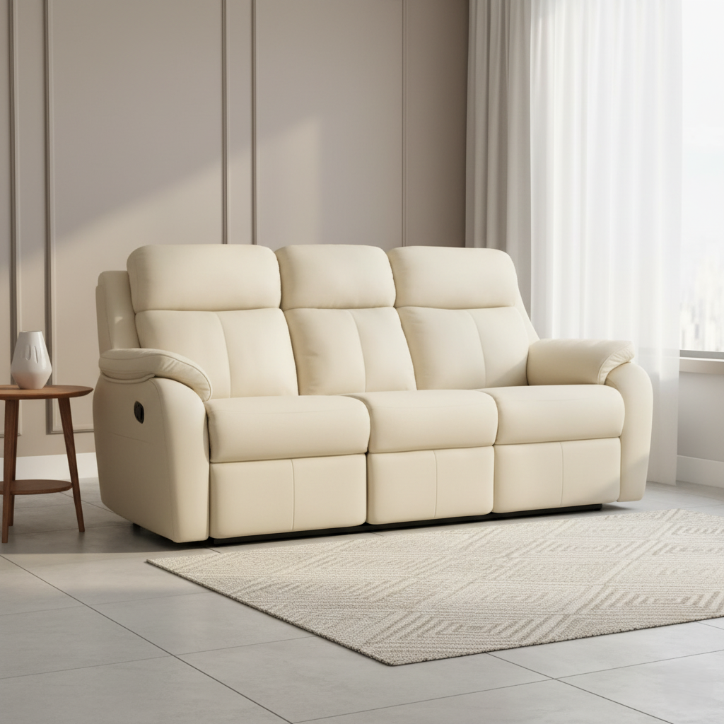 3-सीटर रिक्लाइनर सोफा, पीयू लेदरेट प्रीमियम अपहोल्स्ट्री, स्मूद रिक्लाइनिंग मैकेनिज्म और बेहतरीन बैक सपोर्ट के साथ