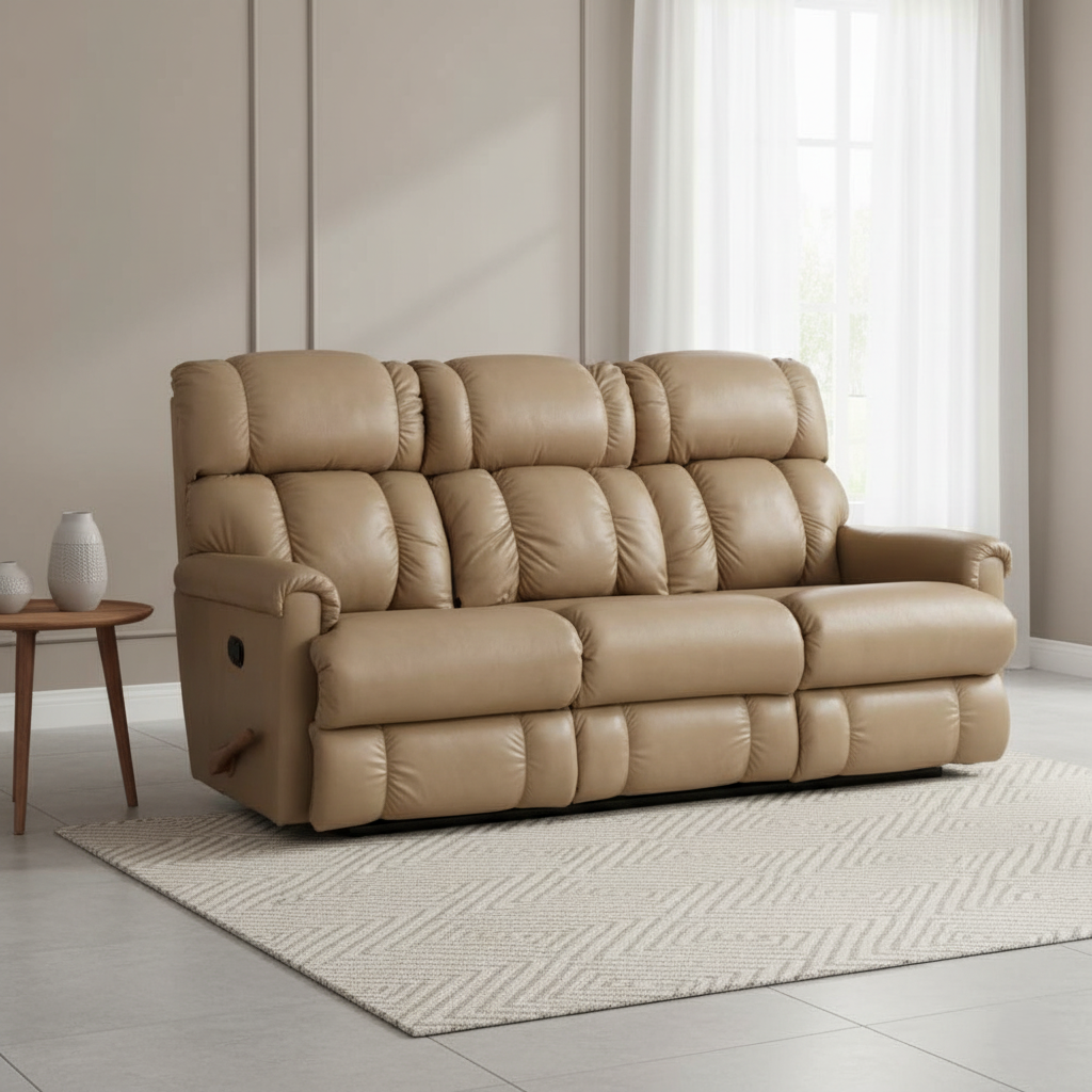 पीयू लेदरेट अपहोल्स्ट्री, मुलायम पैडिंग, सीमलेस रिक्लाइन और पूरे शरीर को सपोर्ट देने वाला प्रीमियम 3-सीटर रिक्लाइनर सोफा