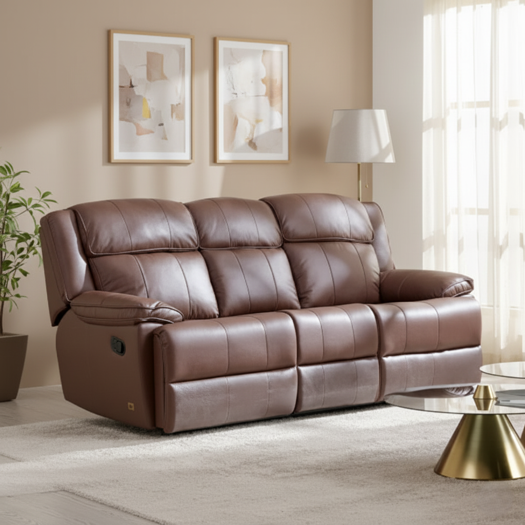 पीयू लेदरेट, आलीशान पैडिंग, चिकनी रिक्लाइनिंग और बेहतरीन आरामदायक डिज़ाइन के साथ सुरुचिपूर्ण 3-सीटर रिक्लाइनर सोफा