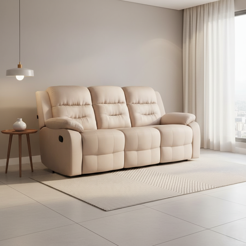 पीयू लेदरेट फिनिश, आरामदायक पैडिंग, आसान रिक्लाइन और एर्गोनॉमिक सपोर्ट के साथ आधुनिक 3-सीटर रिक्लाइनर सोफा