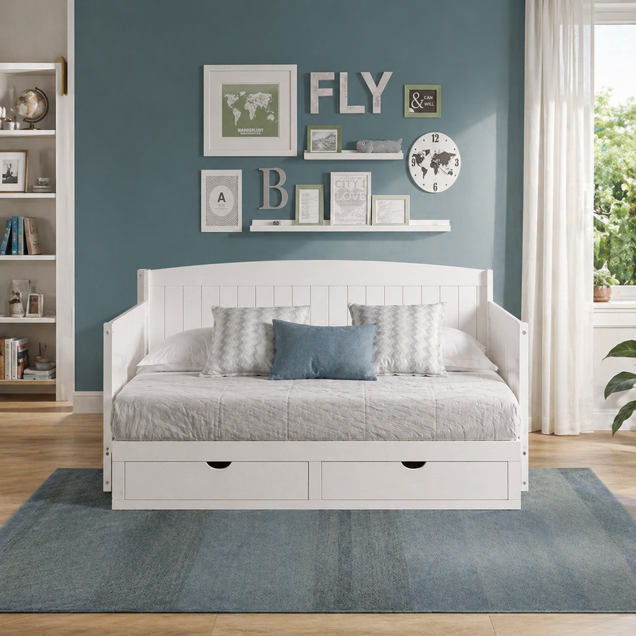 Modern Wooden Daybed with Storage Drawers White Finish Sofa Cum Bed for Guest Room Kids Room Space Saving Multifunctional Furniture