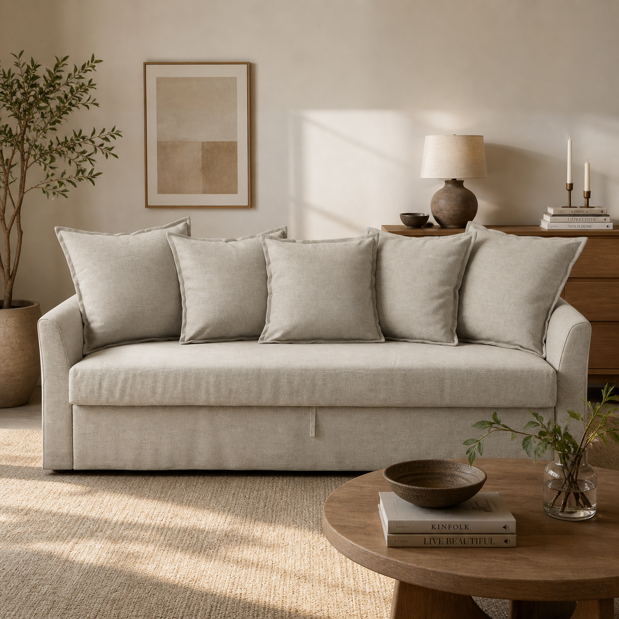 Modern Beige Fabric Sofa Cum Bed with Storage Convertible Pull-Out Sofa Bed for Living Room and Guest Use Space Saving Design