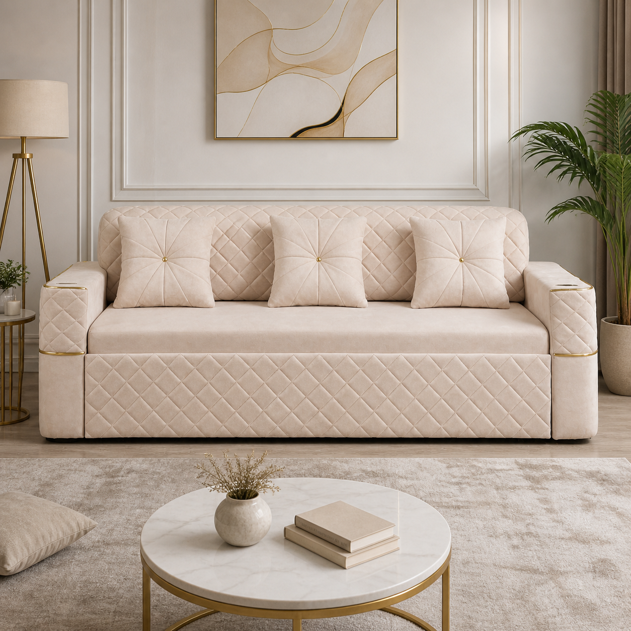 Luxury Beige Quilted Sofa with Gold Accents Modern 3 Seater Upholstered Designer Sofa for Living Room Premium Comfort Seating
