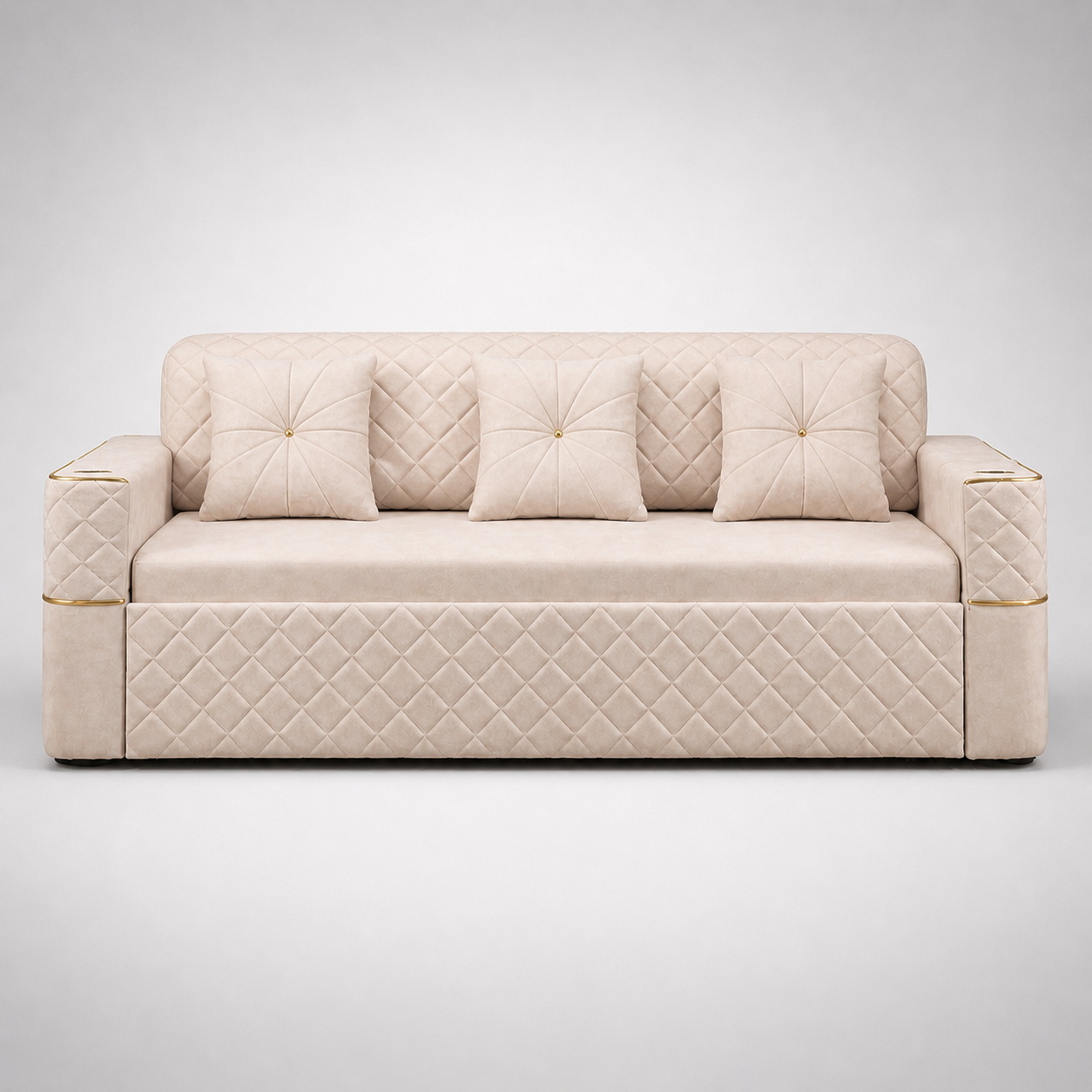 Luxury Beige Quilted Sofa with Gold Accents Modern 3 Seater Upholstered Designer Sofa for Living Room Premium Comfort Seating