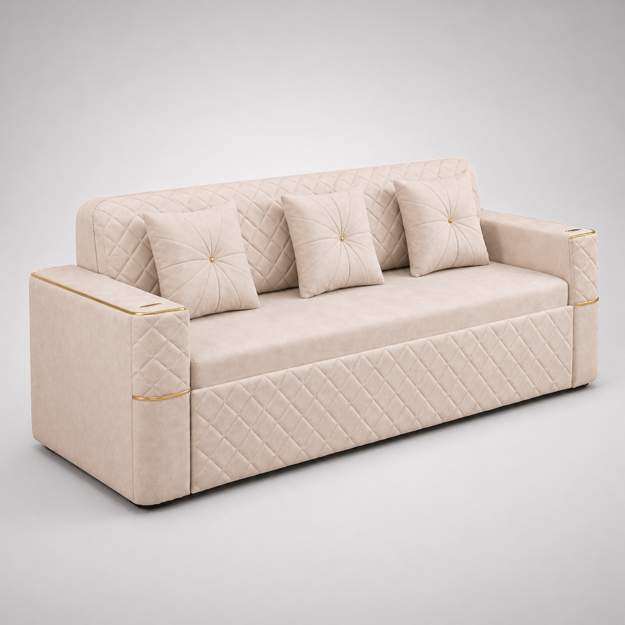 Luxury Beige Quilted Sofa with Gold Accents Modern 3 Seater Upholstered Designer Sofa for Living Room Premium Comfort Seating