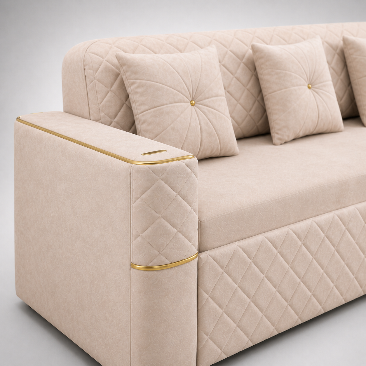 Luxury Beige Quilted Sofa with Gold Accents Modern 3 Seater Upholstered Designer Sofa for Living Room Premium Comfort Seating