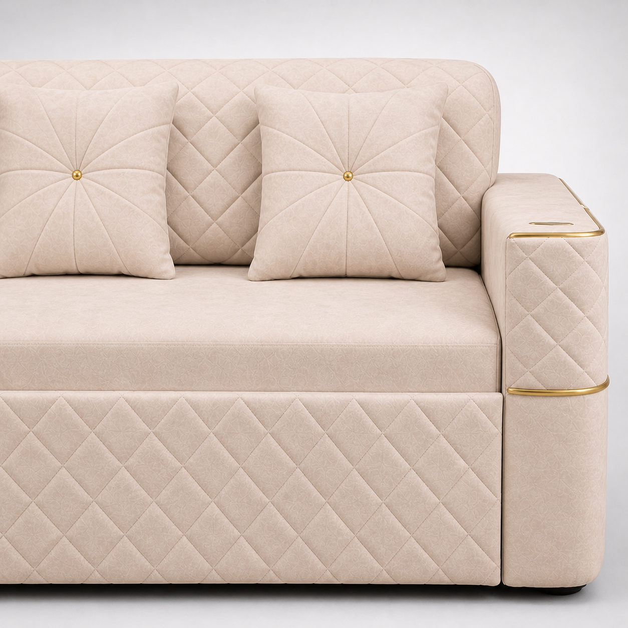 Luxury Beige Quilted Sofa with Gold Accents Modern 3 Seater Upholstered Designer Sofa for Living Room Premium Comfort Seating