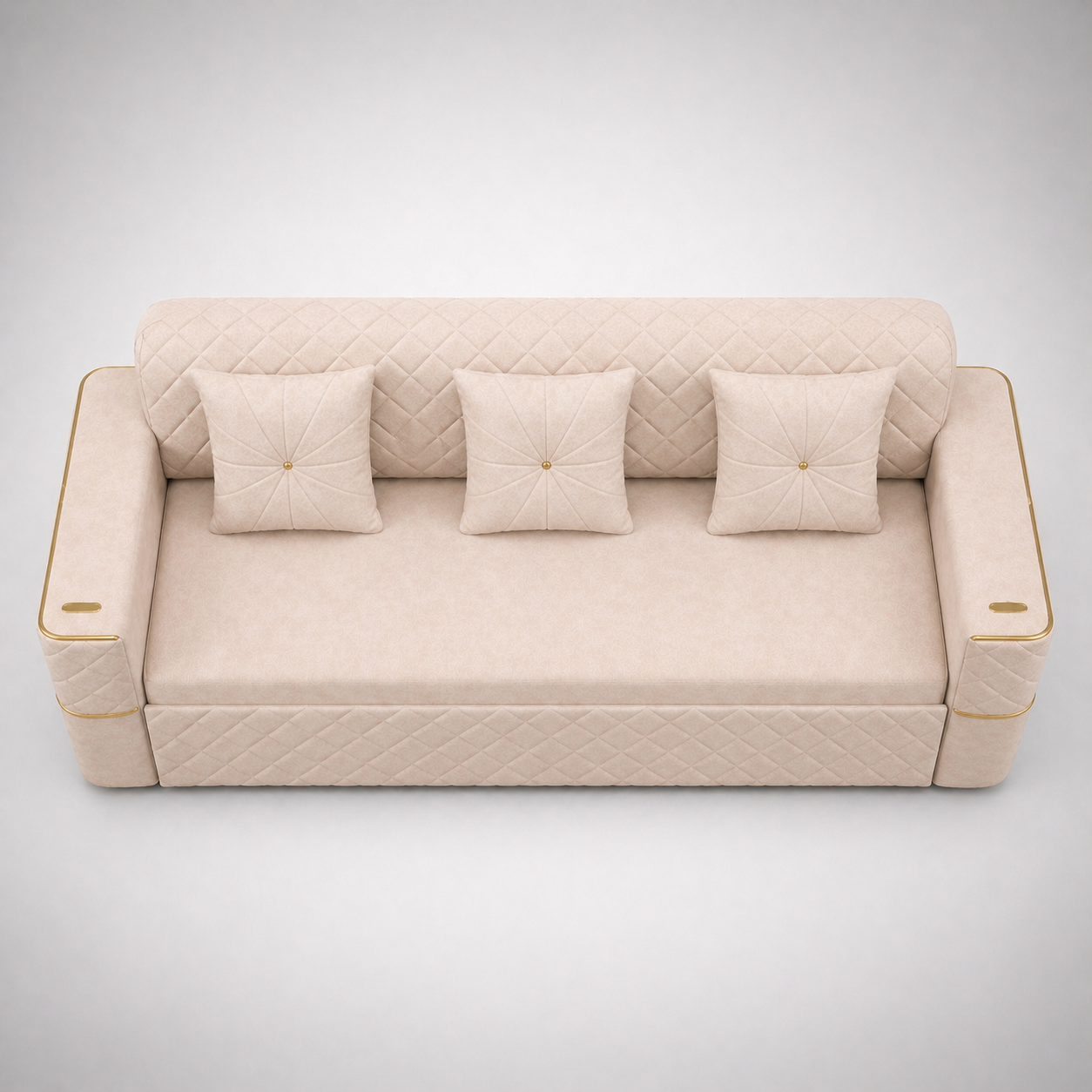 Luxury Beige Quilted Sofa with Gold Accents Modern 3 Seater Upholstered Designer Sofa for Living Room Premium Comfort Seating