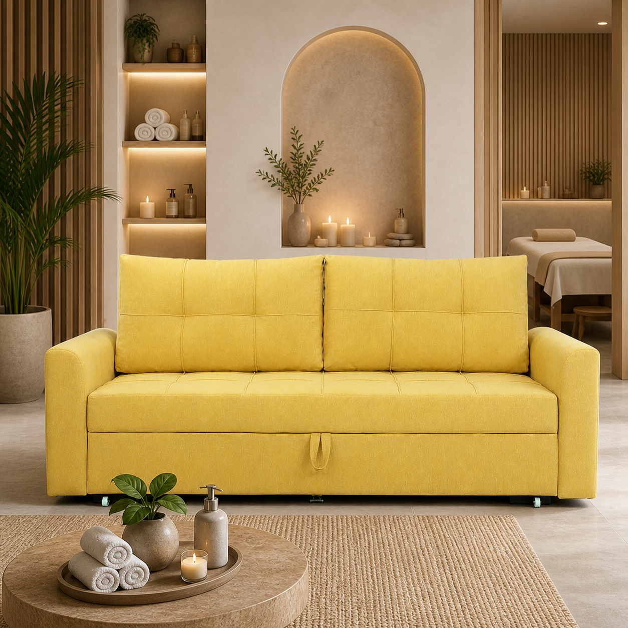 Modern Fabric Sofa Cum Bed with Pull-Out Mechanism, Space Saving Convertible Sofa Bed for Living Room, Guest Use and Compact Homes India