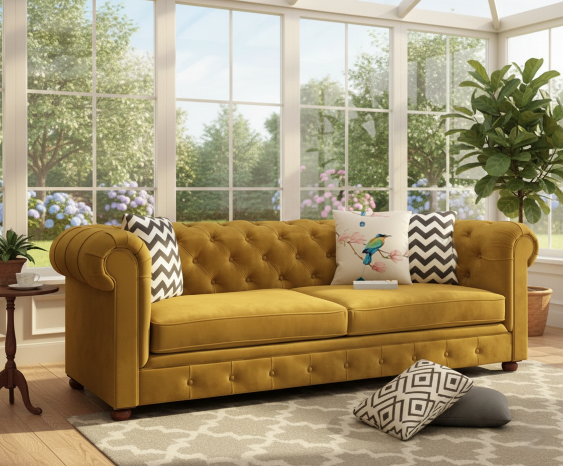 टफ्टेड डिजाइन, मखमली कपड़े, बेहतर आराम और बेहतर आराम और स्थायी गुणवत्ता की पेशकश के साथ 3-सीटर सोफा।