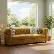 टफ्टेड डिजाइन, मखमली कपड़े, बेहतर आराम और बेहतर आराम और स्थायी गुणवत्ता की पेशकश के साथ 3-सीटर सोफा।