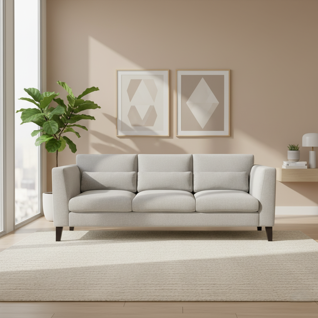 3-सीटर रिसेप्शन सोफा शानदार साबर और उन्नत संरचनात्मक समर्थन के साथ तैयार किया गया है।