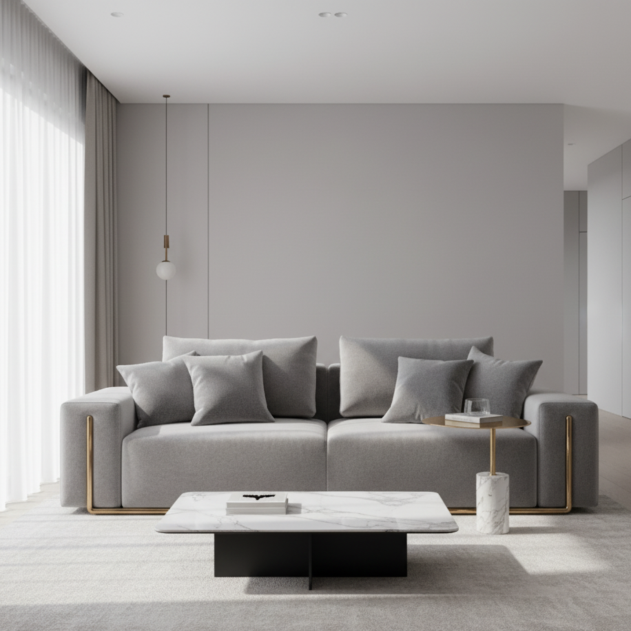 সমৃদ্ধ সোয়েড আসবাবপত্র এবং মজবুত নির্মাণ সহ ৩-সিটের সোফা, এবং নিখুঁত কেন্দ্রবিন্দু।