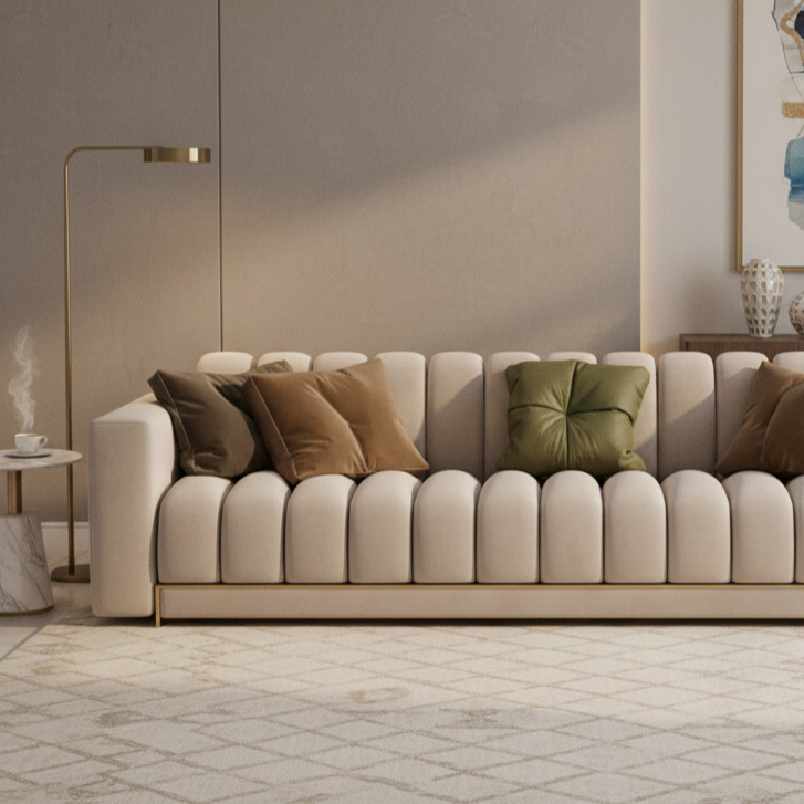 घर के फर्नीचर के लिए 3-सीटर सोफा, असबाब कपड़े, आरामदायक बैठने की जगह, लिविंग रूम के आराम के लिए बिल्कुल सही - क्रीम