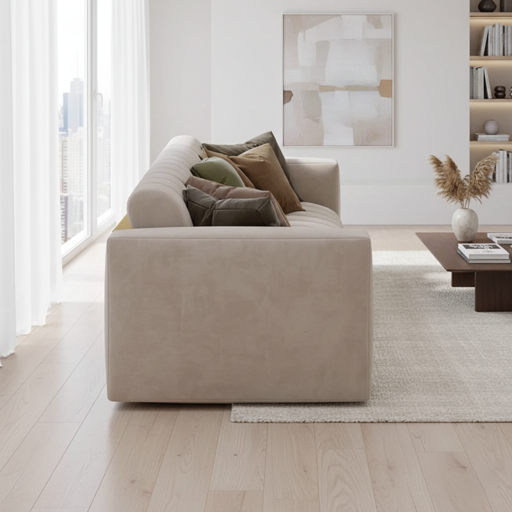 घर के फर्नीचर के लिए 3-सीटर सोफा, असबाब कपड़े, आरामदायक बैठने की जगह, लिविंग रूम के आराम के लिए बिल्कुल सही - क्रीम