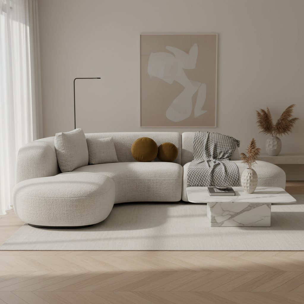 Modern living room with a beige sectional sofa, abstract art, and decorative elements.