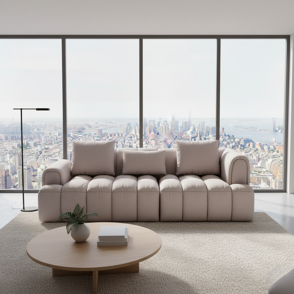 ৩-সিটের ইতালীয় সোফা, যা দীর্ঘস্থায়ী আরাম এবং আধুনিক ও বিলাসবহুল ডিজাইনের জন্য চামড়া এবং ওডেন কাঠামোতে সজ্জিত।