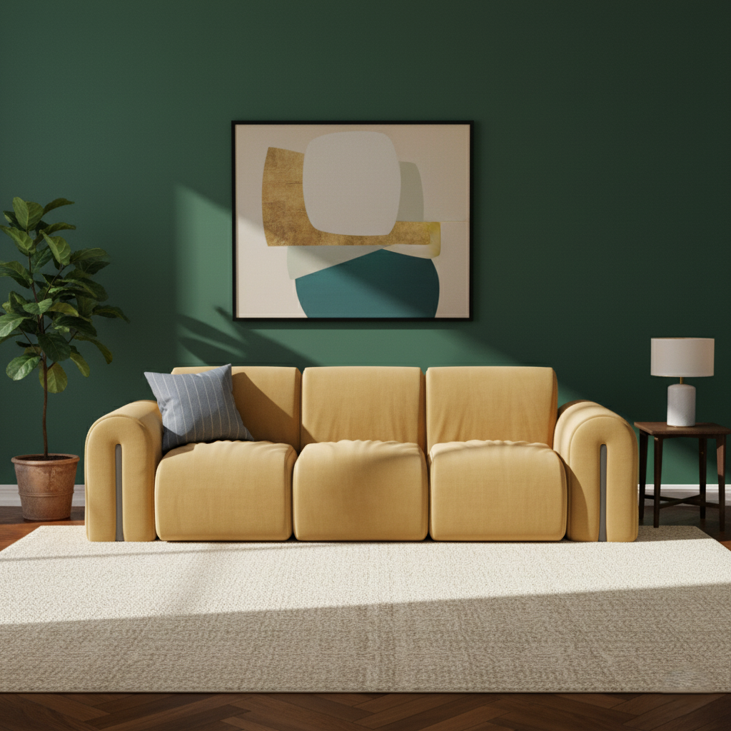 ৩-সিটের ইতালীয় সোফাটি সমৃদ্ধ মখমল দিয়ে সজ্জিত, যা দীর্ঘস্থায়ী আরামের সাথে একটি মসৃণ, আধুনিক এবং বিলাসবহুল নকশার নান্দনিকতার মিশ্রণ ঘটায়।