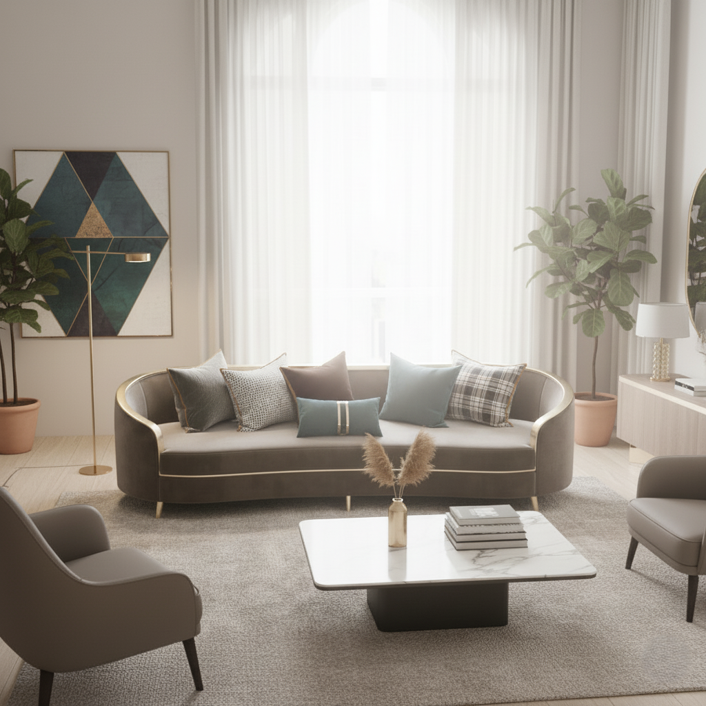 ঘরের আসবাবপত্রের জন্য ৩-সিটের সোফা, আসবাবপত্রের সাজসজ্জার জন্য মখমল, আরামদায়ক বসার জায়গা, বসার ঘরের আরামের জন্য উপযুক্ত - গাঢ় ধূসর