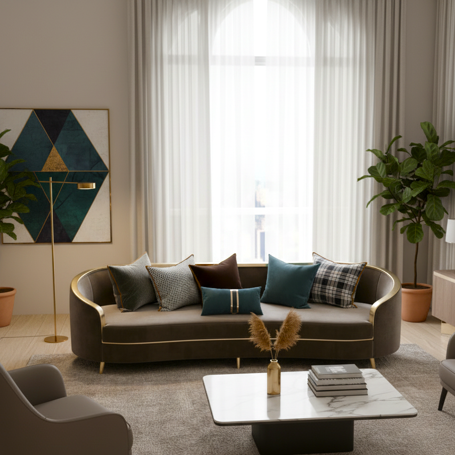 ঘরের আসবাবপত্রের জন্য ৩-সিটের সোফা, আসবাবপত্রের সাজসজ্জার জন্য মখমল, আরামদায়ক বসার জায়গা, বসার ঘরের আরামের জন্য উপযুক্ত - গাঢ় ধূসর