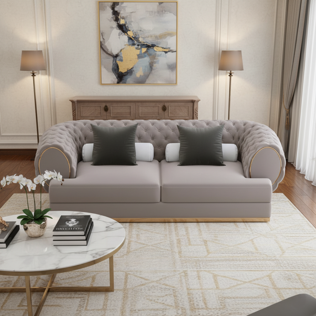 Modern living room with a gray sofa, coffee table, and decorative elements.