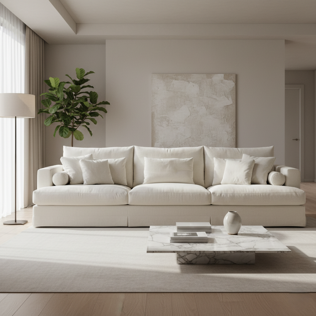 लिविंग रूम के लिए 3-सीटर सोफा, प्रीमियम साबर असबाब, ठोस लकड़ी का फ्रेम और आलीशान कुशन, आधुनिक डिज़ाइन के साथ सुरुचिपूर्ण और आरामदायक होम सीटिंग के लिए