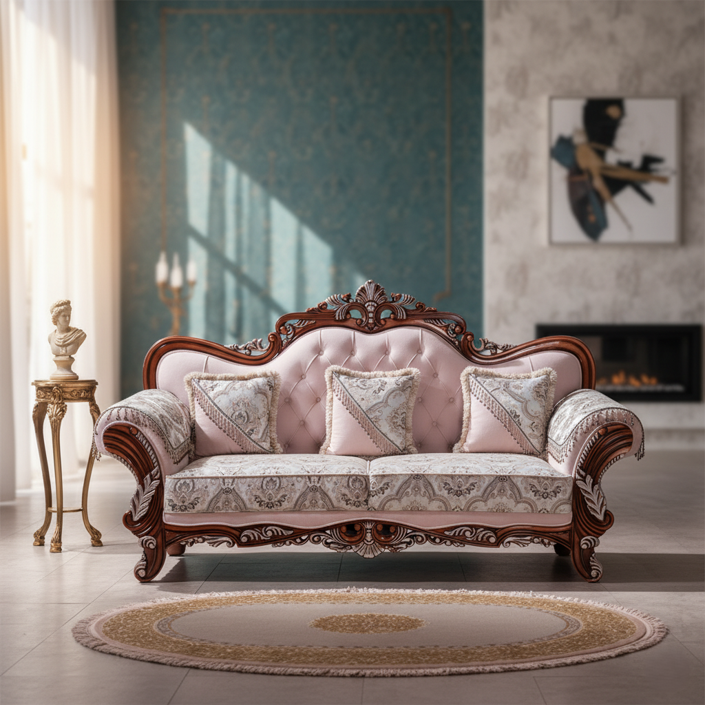 Royal 3-Seater Sofa with Intricate Carved Wooden Frame, and Timeless Antique Charm and Luxury For Living Home