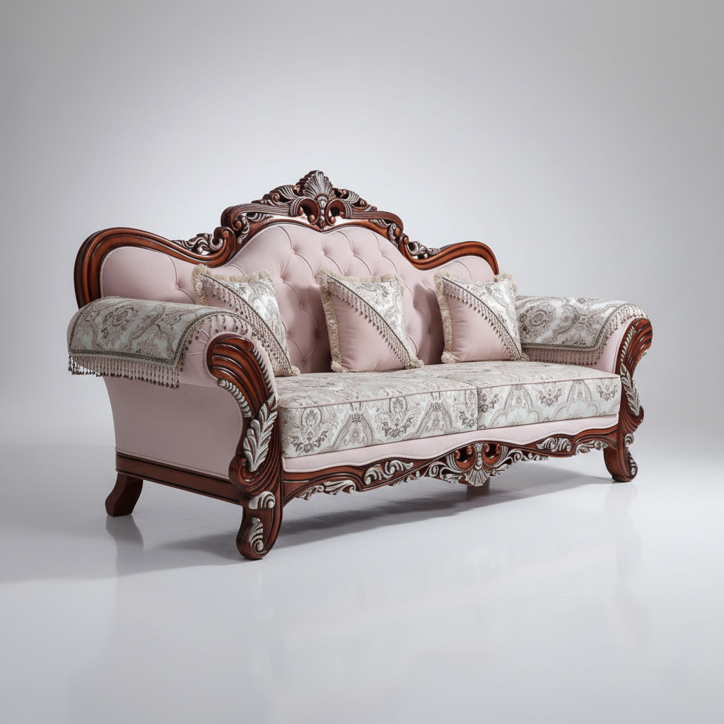 Royal 2-Seater Sofa with Intricate Carved Wooden Frame, and Timeless Antique Charm and Luxury For Living Home