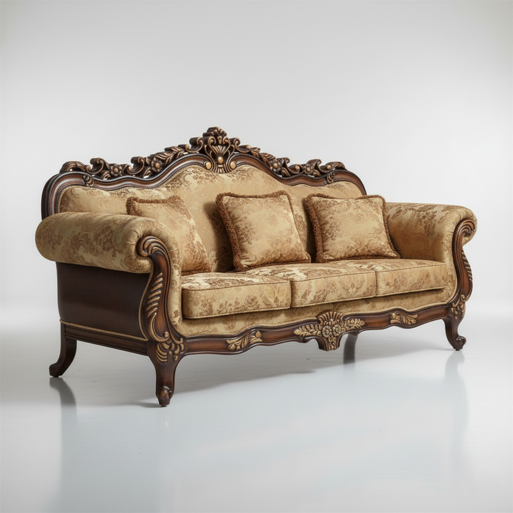 घर के लिए साबर कपड़े से बना हस्तनिर्मित सागौन की लकड़ी से बना 3-सीटर लकड़ी का चाइज़ लाउंज