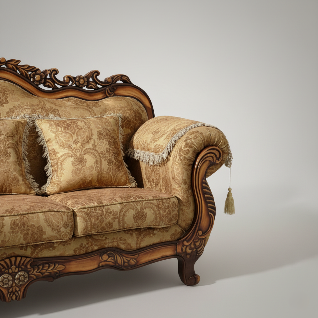 घर के लिए साबर कपड़े से बना हस्तनिर्मित सागौन की लकड़ी से बना 3-सीटर लकड़ी का चाइज़ लाउंज