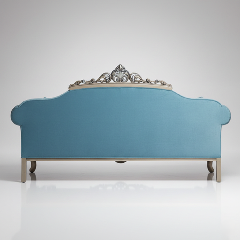 3-Seater Hand-Carved Teak Wood Sofa with Metallic Gold and Silver Polish and Custom Quilted