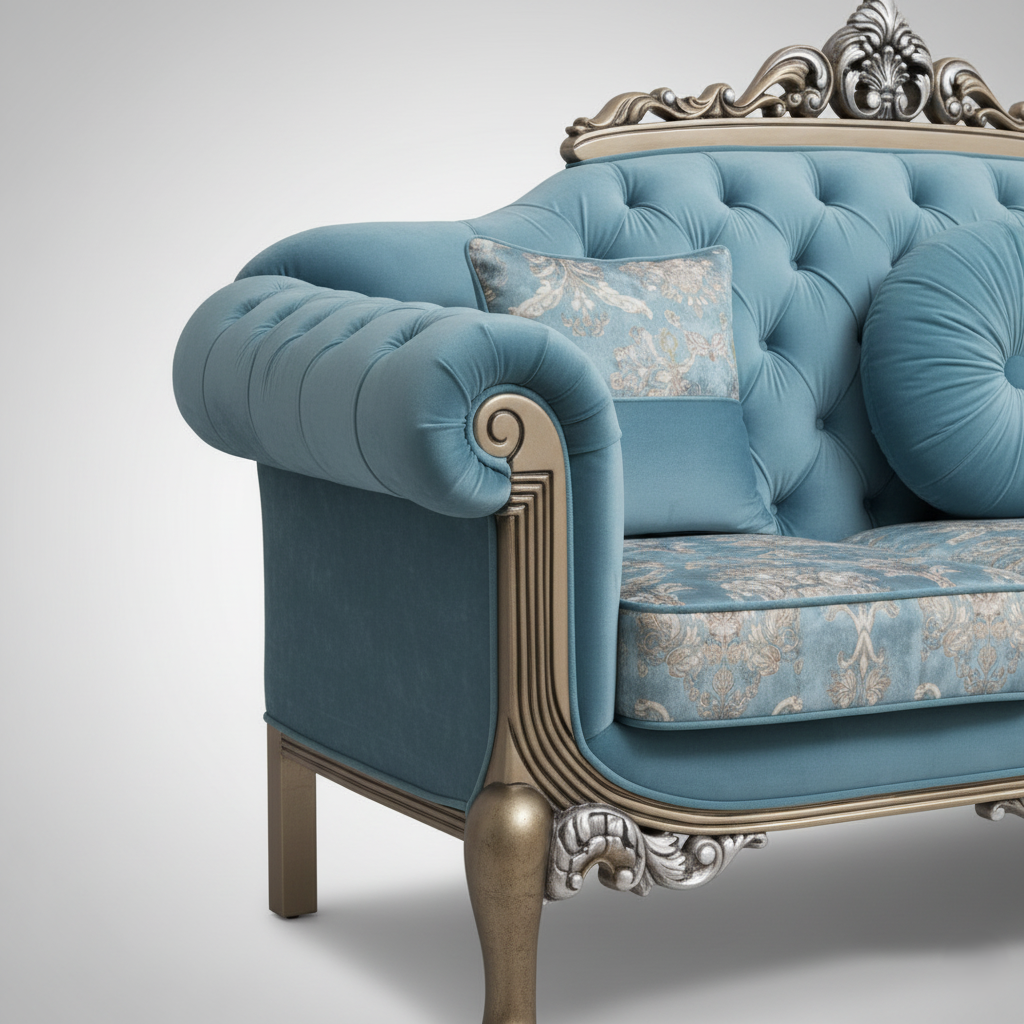 3-Seater Hand-Carved Teak Wood Sofa with Metallic Gold and Silver Polish and Custom Quilted