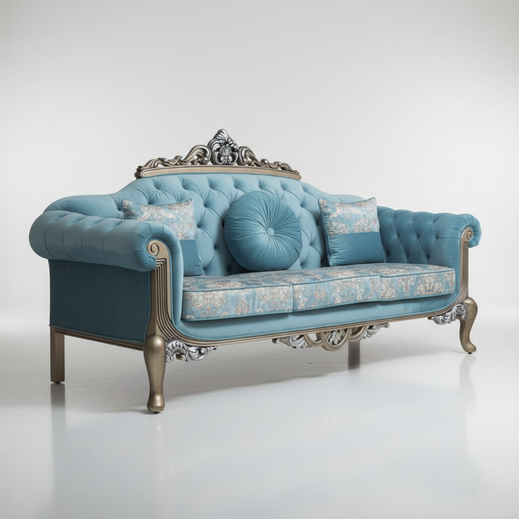 3-Seater Hand-Carved Teak Wood Sofa with Metallic Gold and Silver Polish and Custom Quilted
